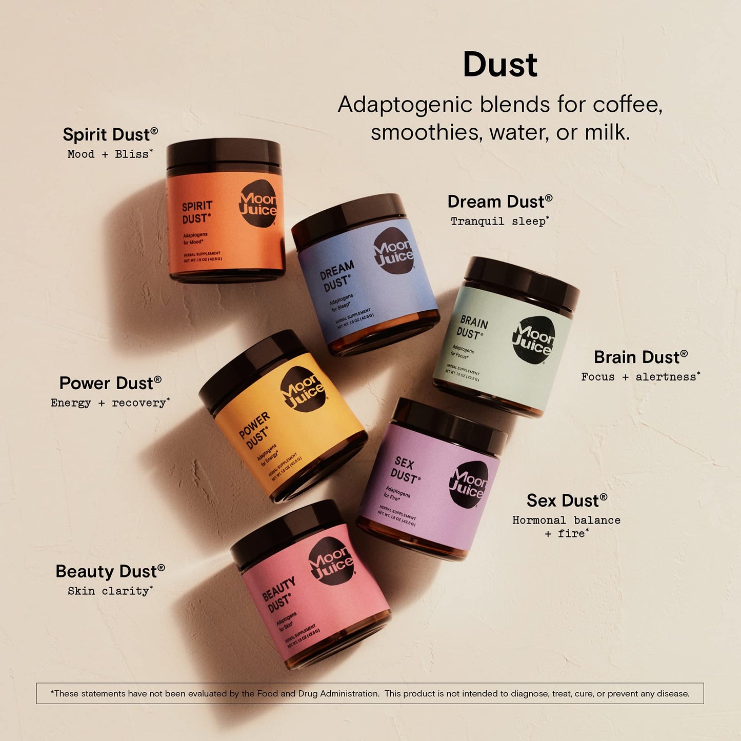 Moon Juice Brain Dust - Adaptogenic Mushroom Support for Focus, Memory & Clarity | Lion’s Mane, Ginkgo Biloba & Ashwagandha - Caffeine-Free, Vegan - 1.5 oz