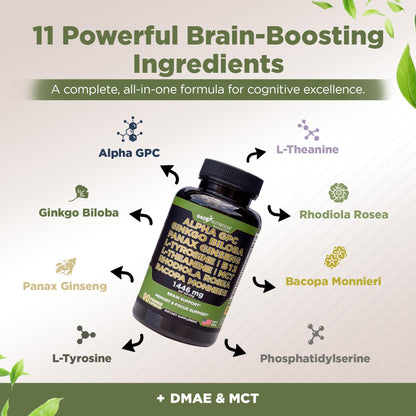 Gade Nutrition Alpha GPC + Ginkgo Biloba + Panax Ginseng + L-Tyrosine, L-Theanine, Bacopa Monnieri, Rhodiola Rosea, B12, MCT