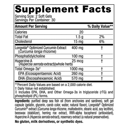 Nordic Naturals Omega Memory with Curcumin, Lemon - 60 Soft Gels | Omega-3 + Curcumin
