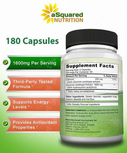 aSquared Garcinia Cambogia 1600mg – 180 Capsules | Ultra HCA