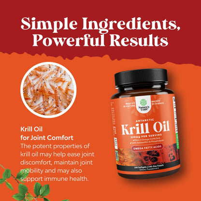 Natures Craft Antarctic Krill Oil 500mg Softgels – EPA DHA & Astaxanthin | 240 Count | 3rd Party Lab Tested