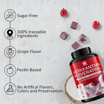 Sugar-Free Astaxanthin 24mg Gummies with Resveratrol – Vegan, Non-GMO, 120 Servings