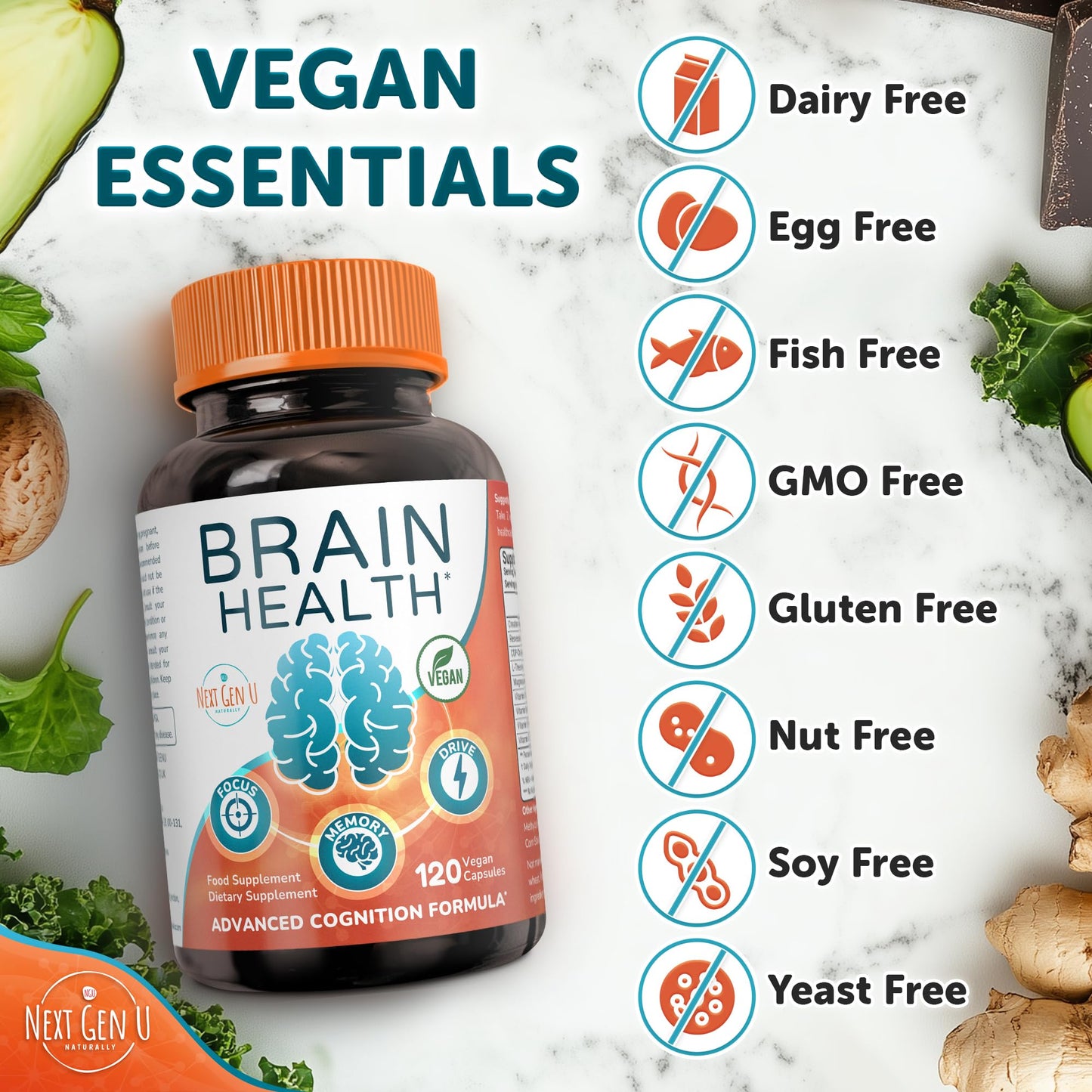 Brain Supplement - 120 Vegan Capsules | Nootropic for Memory, Focus & Cognitive Function - NextGenU