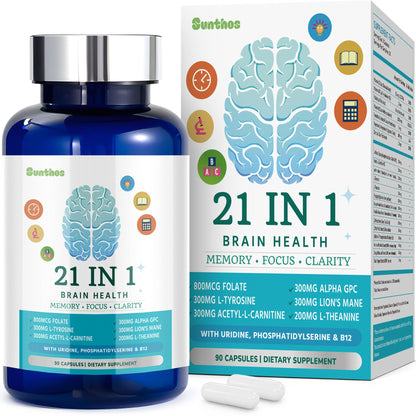 Brain Supplements for Memory and Focus – 21-in-1 Brain Support, 90 Capsules
