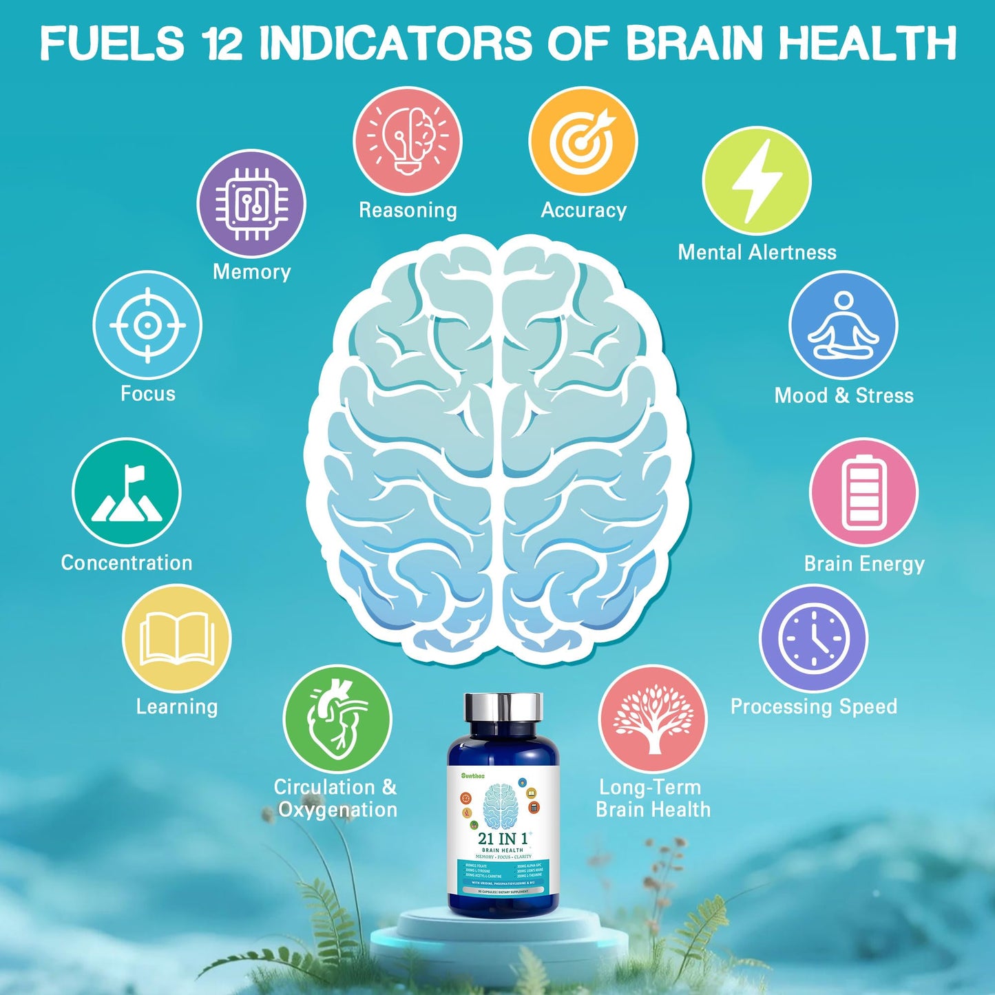 Brain Supplements for Memory and Focus – 21-in-1 Brain Support, 90 Capsules