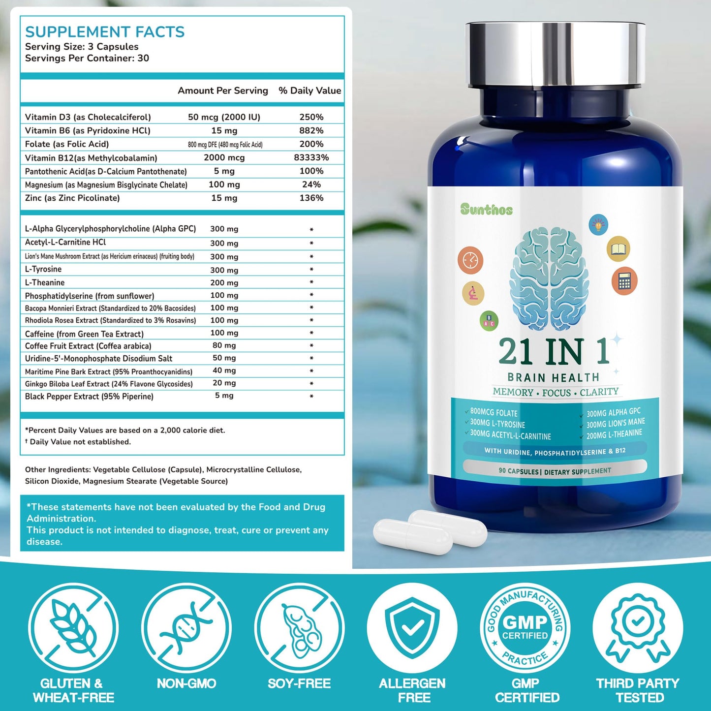 Brain Supplements for Memory and Focus – 21-in-1 Brain Support, 90 Capsules