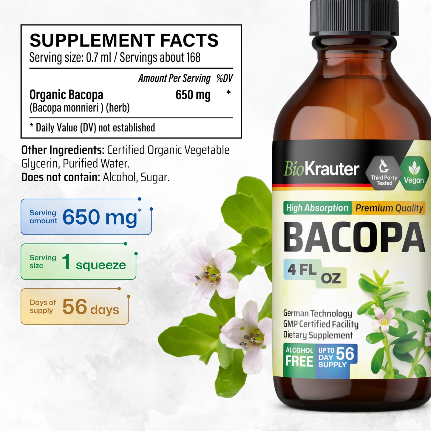 BIO KRAUTER Bacopa Monnieri Liquid – Brain Support Drops (Alcohol & Sugar Free) 4 Fl Oz