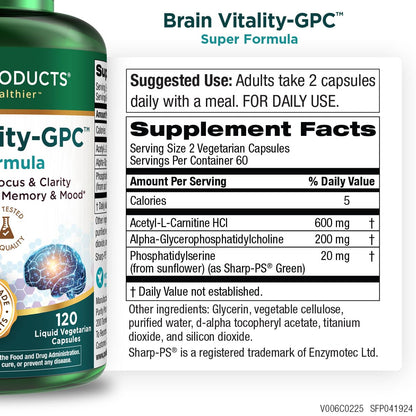Purity Products Brain Vitality GPC Super Formula - Acetyl L-Carnitine + Alpha GPC + Phosphatidylserine - 120 Caps
