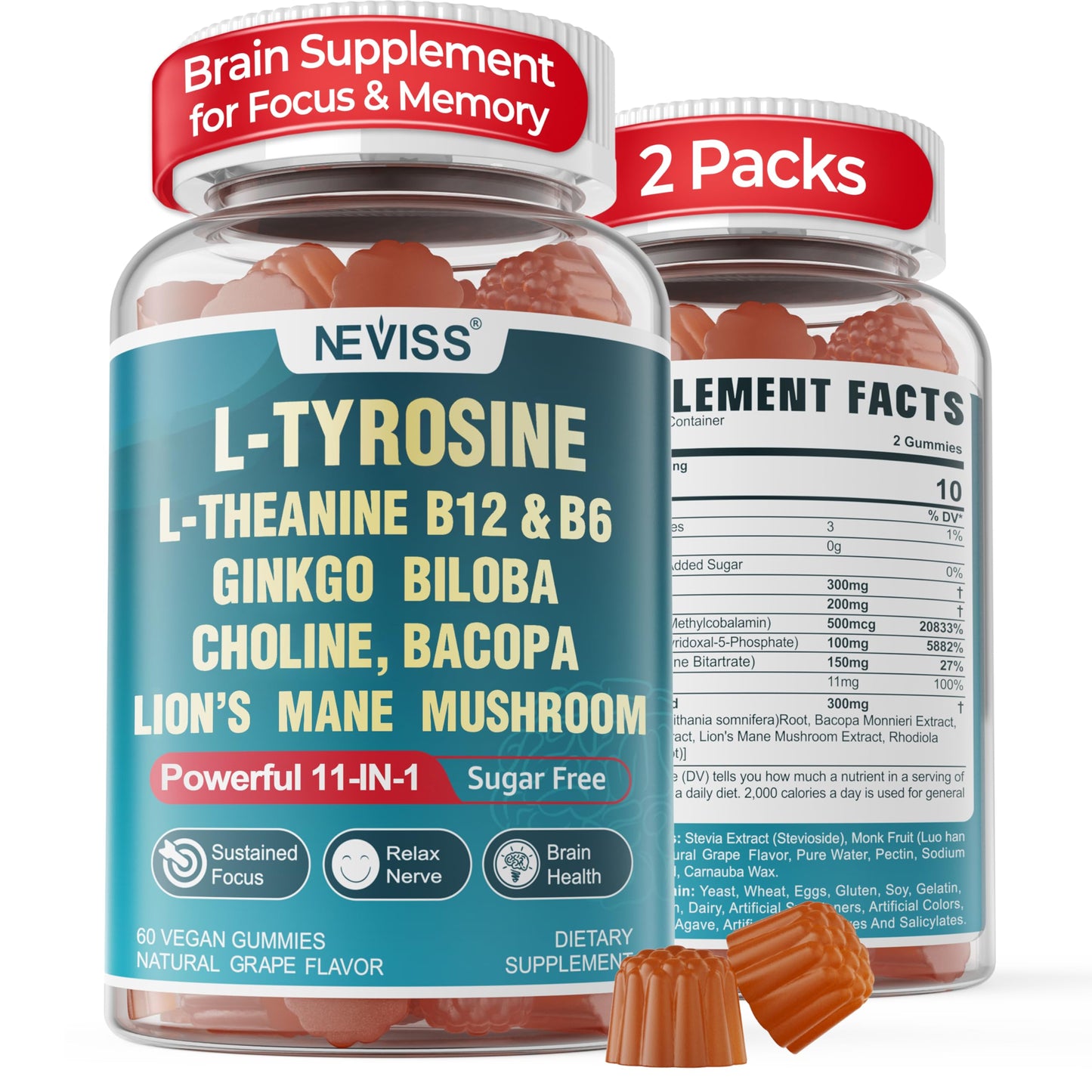 11-IN-1 Brain Supplement for Memory & Focus - 2 Packs | Neviss