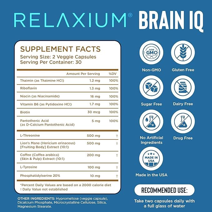 Relaxium BrainIQ Nootropic - Memory & Cognitive Support | Lion's Mane, L-threonine & Coffee Extract | 60 Count
