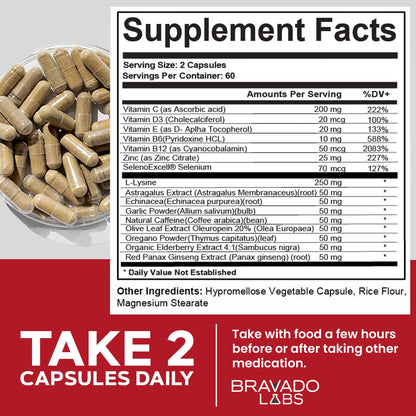 Bravado Labs L-Lysine 250mg Capsules – Immune & Cold Sore Support – Vegan, Non-GMO, Allergen-Free, 3rd-Party Tested, Lisina 1000 mg Organica - Made in USA