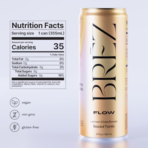 BREZ FLOW Lion’s Mane Mushroom Drink, 8-Pack, Non-Infused, Adaptogens, Relieving, Uplifting, and Social, Sparkling Lemon Elderflower Tonic 12 Fl oz