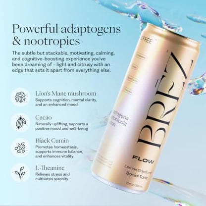 BREZ FLOW Lion’s Mane Mushroom Drink, 8-Pack, Non-Infused, Adaptogens, Relieving, Uplifting, and Social, Sparkling Lemon Elderflower Tonic 12 Fl oz
