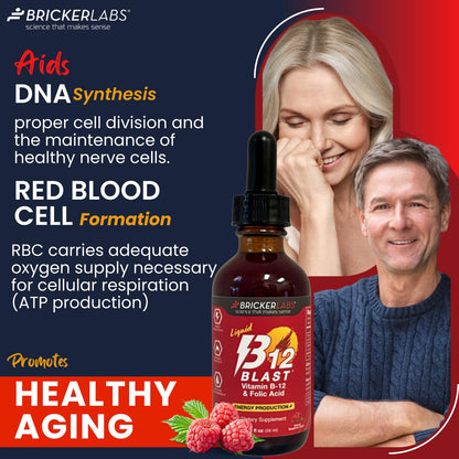 Bricker Labs B-12 Blast Liquid Vitamin B12 & Folic Acid – Energy Support, Raspberry Flavor, 2 fl oz