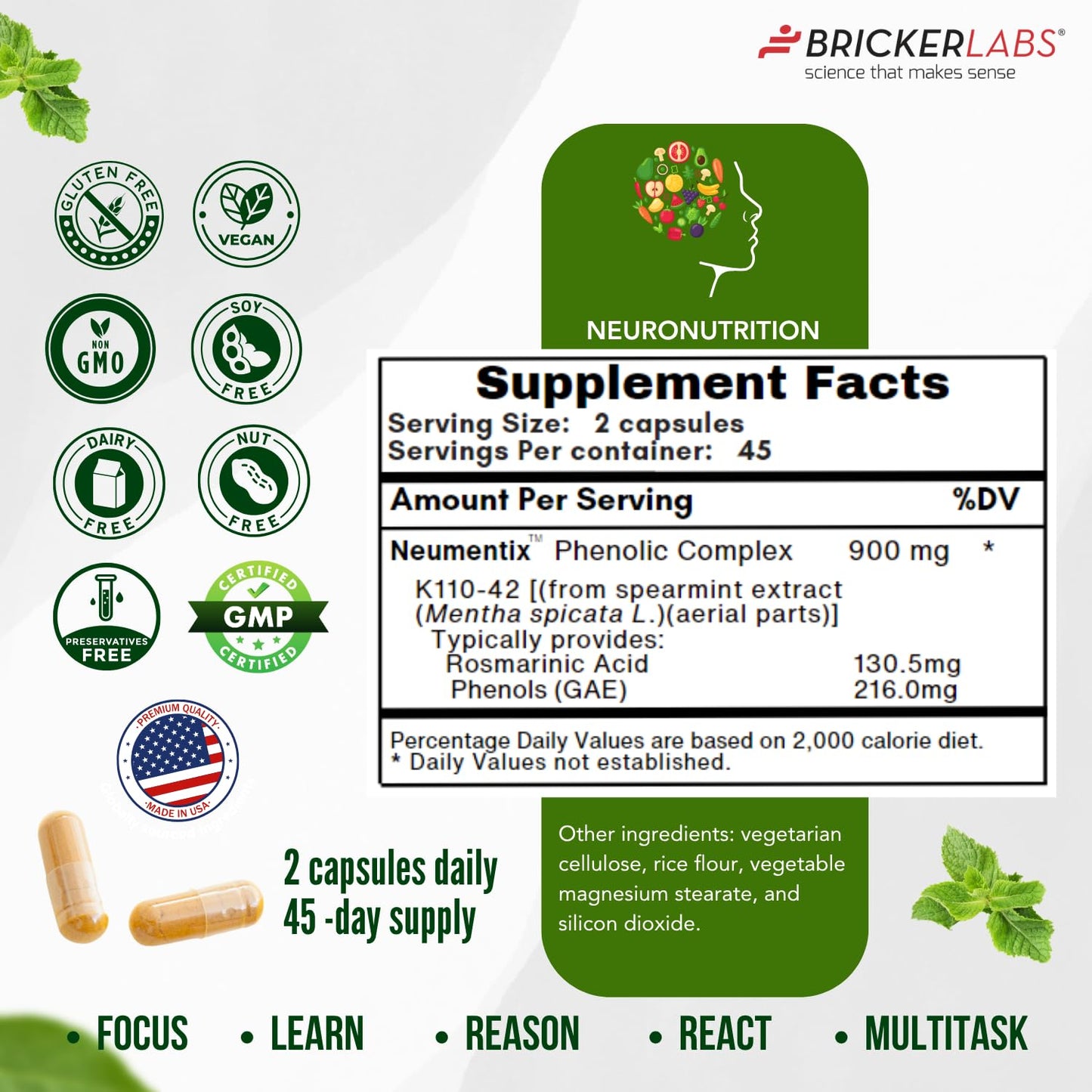 Bricker Labs Brain Aid Memory Matters – Nootropic Brain Supplement with Neumentix Spearmint Extract, 90 Capsules