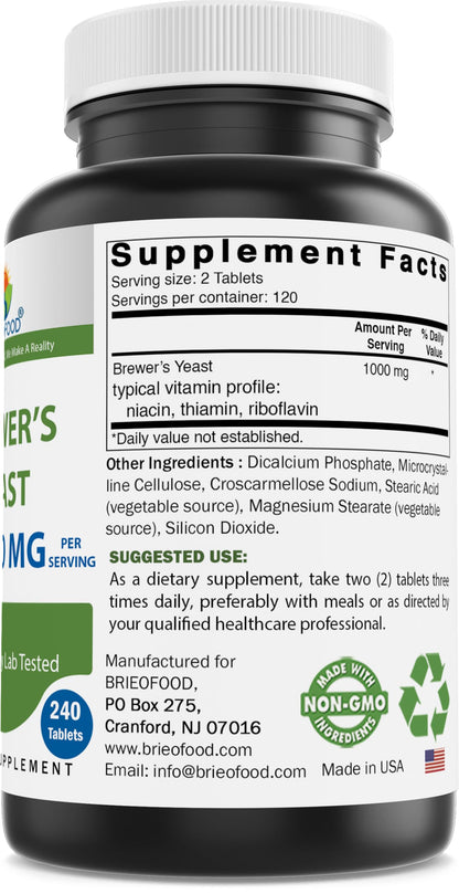 Brieofood Brewers Yeast 1000 mg – 240 Tablets (Pack of 2) – Lab Tested