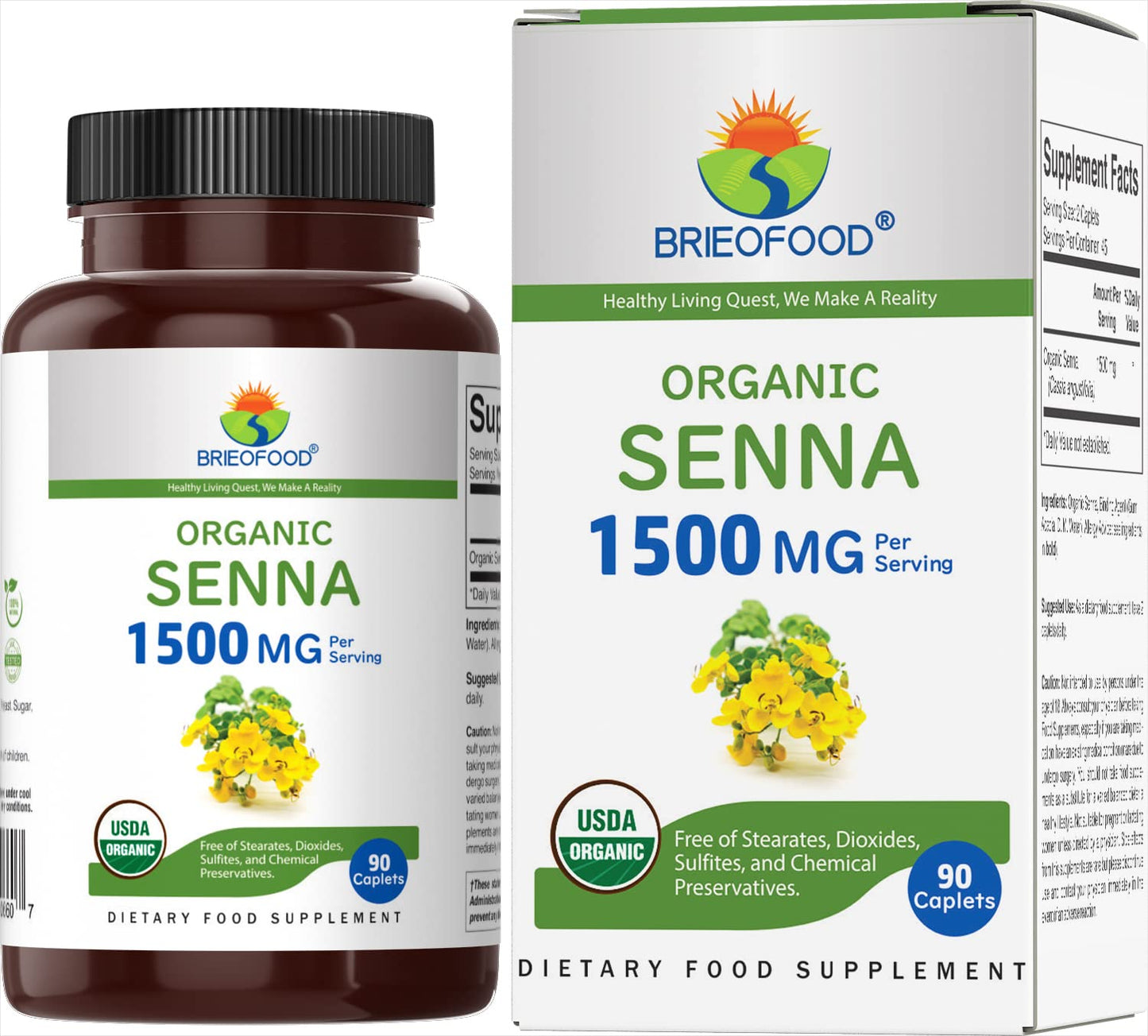 Brieofood Organic Senna 1500mg – 90 Vegetarian Tablets (45 Servings), Gluten Free