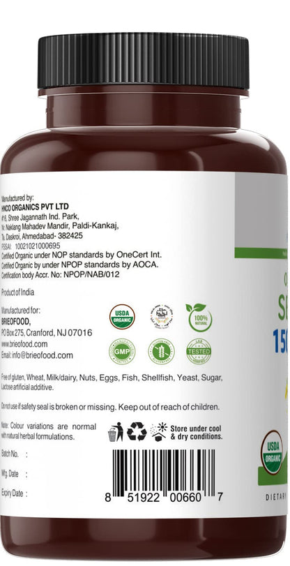 Brieofood Organic Senna 1500mg – 90 Vegetarian Tablets (45 Servings), Gluten Free