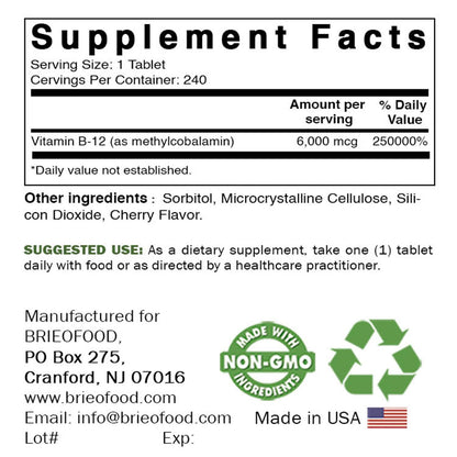 Brieofood Vitamin B-12 6000 mcg Methylcobalamin – 240 Tablets – Non-GMO & Gluten Free (Pack of 2)