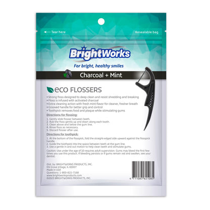 Brightworks ECO Sustainable Floss Picks - 225 Count - PFAS Free - Made in USA Charcoal + Mint Infused 100% Post-Consumer Recycled Plastic with Micro-Crystals for Oral Care Hygiene Gum Health