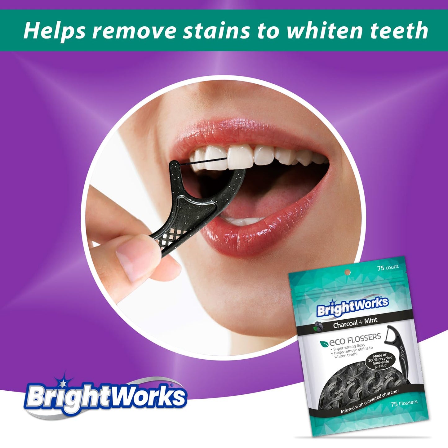 Brightworks ECO Sustainable Floss Picks - 225 Count - PFAS Free - Made in USA Charcoal + Mint Infused 100% Post-Consumer Recycled Plastic with Micro-Crystals for Oral Care Hygiene Gum Health