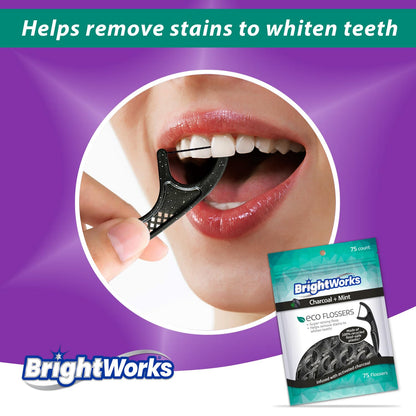 Brightworks ECO Sustainable Floss Picks - 225 Count - PFAS Free - Made in USA Charcoal + Mint Infused 100% Post-Consumer Recycled Plastic with Micro-Crystals for Oral Care Hygiene Gum Health