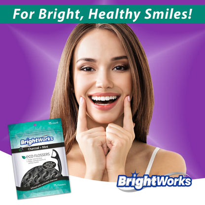 Brightworks ECO Sustainable Floss Picks - 225 Count - PFAS Free - Made in USA Charcoal + Mint Infused 100% Post-Consumer Recycled Plastic with Micro-Crystals for Oral Care Hygiene Gum Health