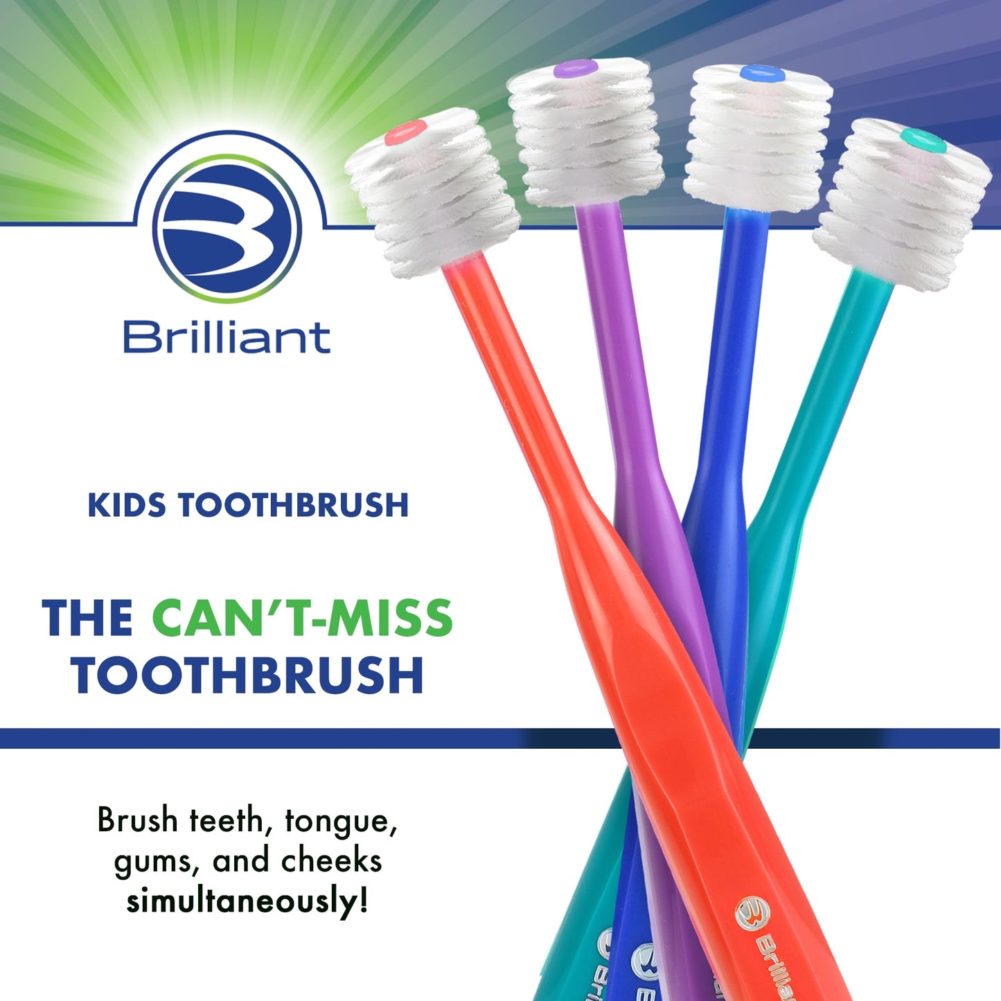 Brilliant Oral Care Kids Toothbrush – Teal, 360° Round Head, Ultra-Soft Bristles (Ages 5–9) – 1 Pack