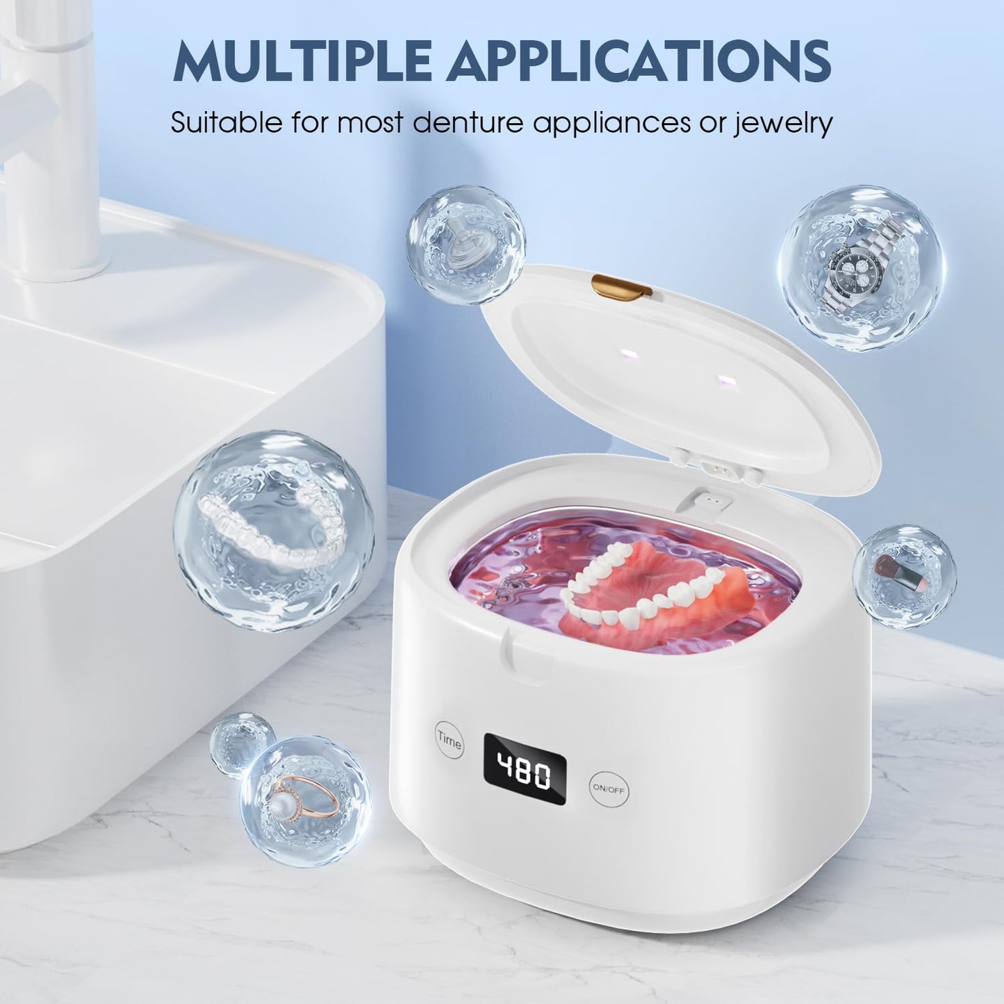 BRNMLD Ultrasonic Retainer Cleaner - 45kHz Sonic Cleaning for Dentures, Braces, Mouth Guards | 5 Modes (White)
