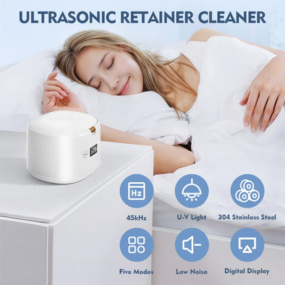 BRNMLD Ultrasonic Retainer Cleaner - 45kHz Sonic Cleaning for Dentures, Braces, Mouth Guards | 5 Modes (White)