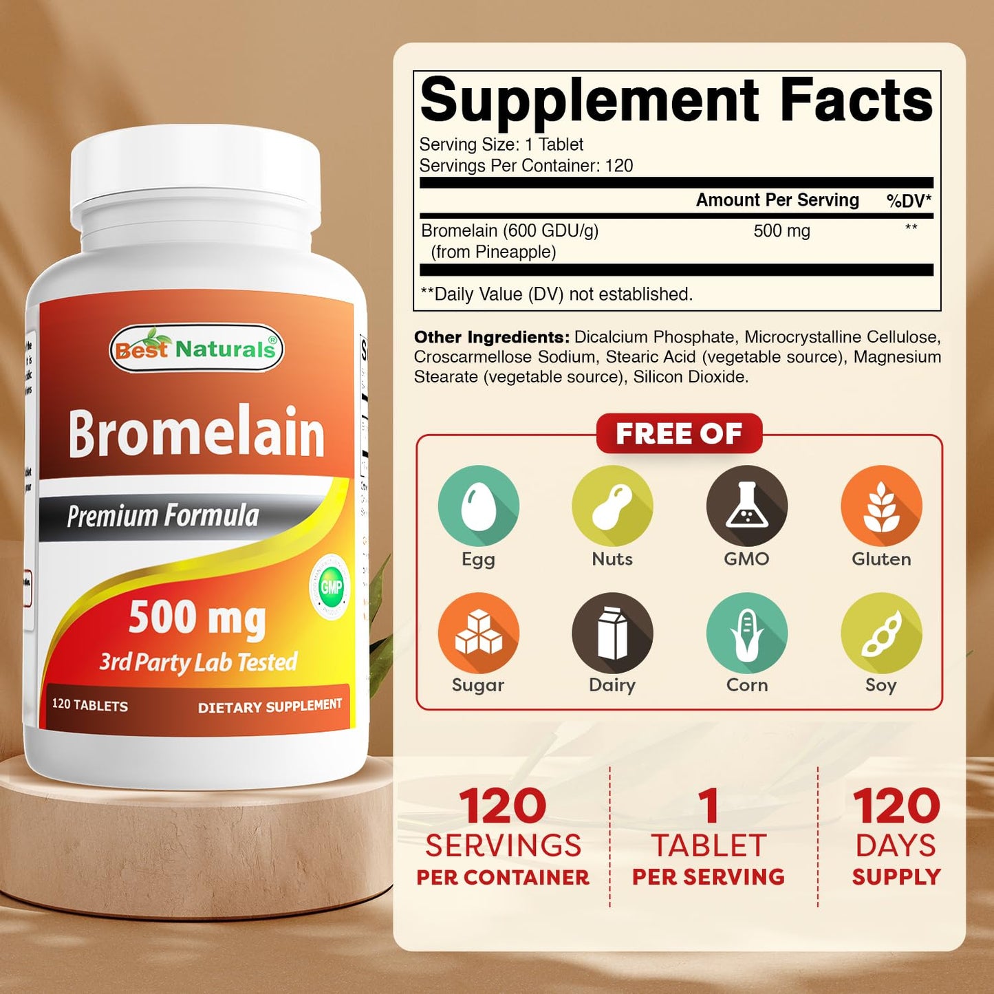 Best Naturals Bromelain 500mg - 120 Tablets (Pack of 3) | Non-GMO & Gluten-Free
