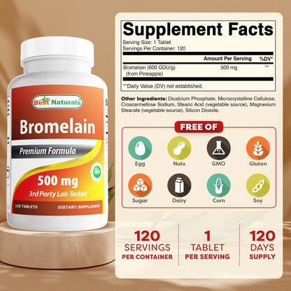 Best Naturals Bromelain 500mg - 120 Tablets (Pack of 3) | Non-GMO & Gluten-Free