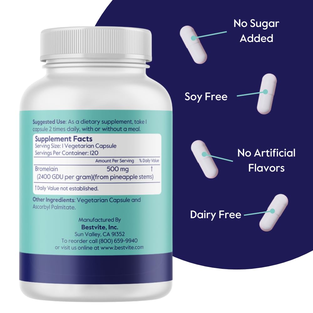 Bromelain 500mg (2400 GDU/Gram) (120 Vegetarian Capsules) - No Stearates - Vegan - No Gelatin - No Silica - Non GMO - Gluten Free