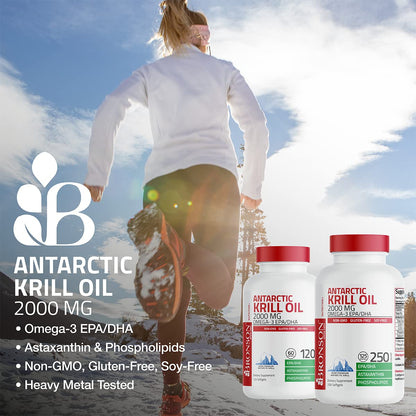 Bronson Antarctic Krill Oil 2000 mg with Omega-3s EPA, DHA, Astaxanthin and Phospholipids - 250 Softgels (125 Servings)