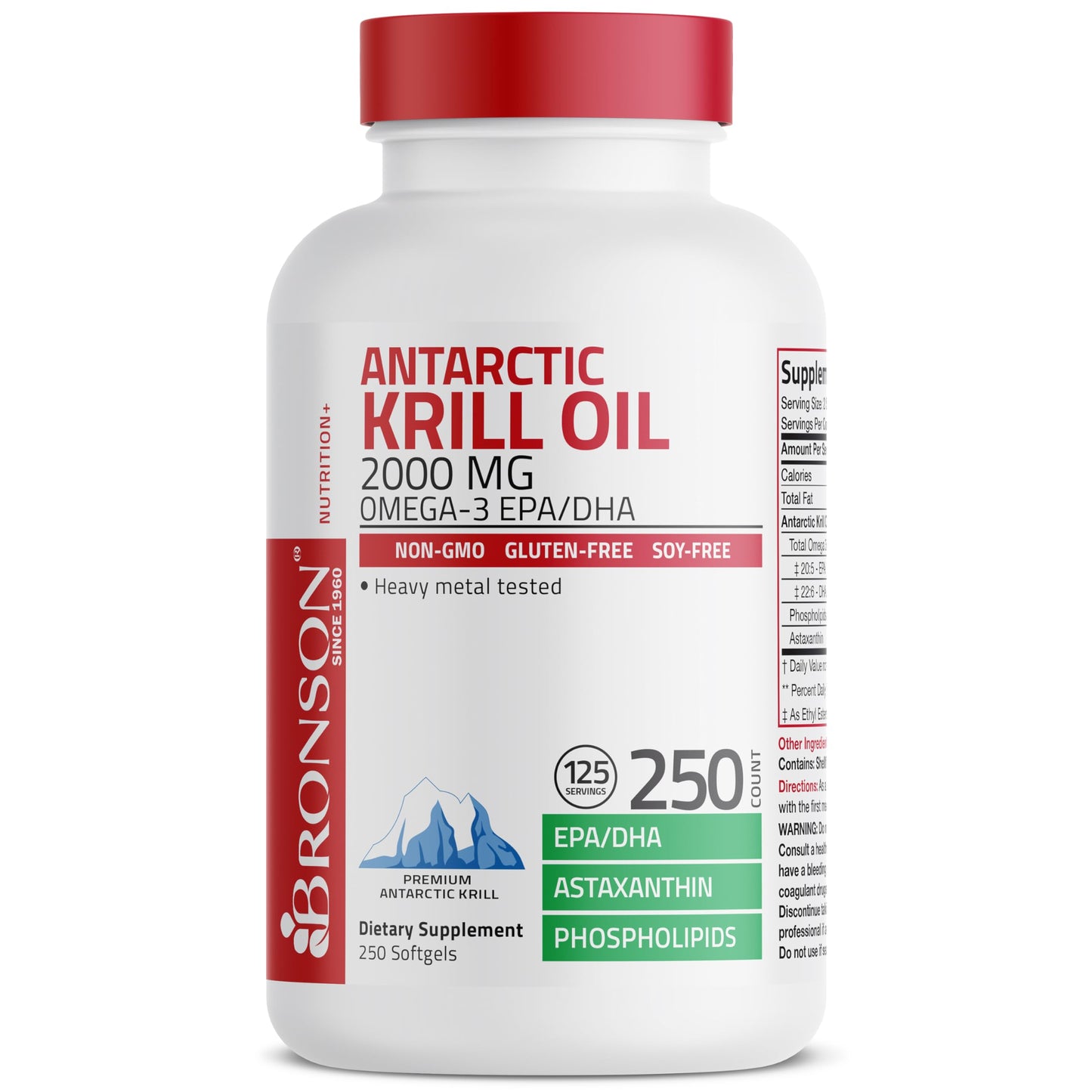 Bronson Antarctic Krill Oil 2000 mg with Omega-3s EPA, DHA, Astaxanthin and Phospholipids - 250 Softgels (125 Servings)