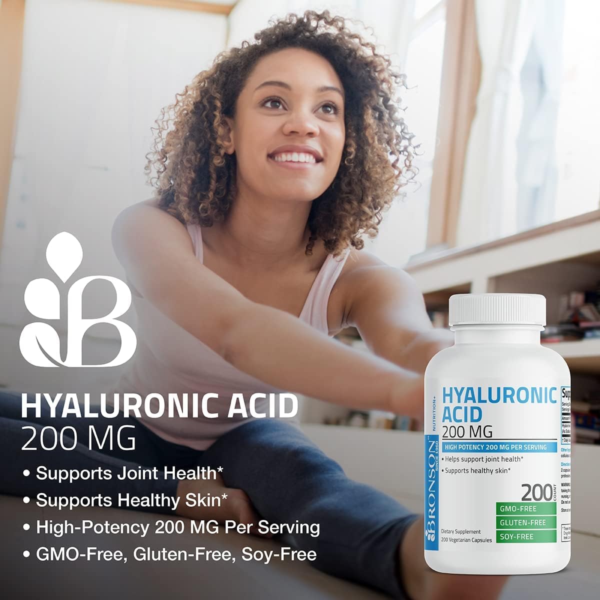 Bronson Hyaluronic Acid 200 MG – Joint Health & Skin Support | Non-GMO, 100 Vegetarian Capsules