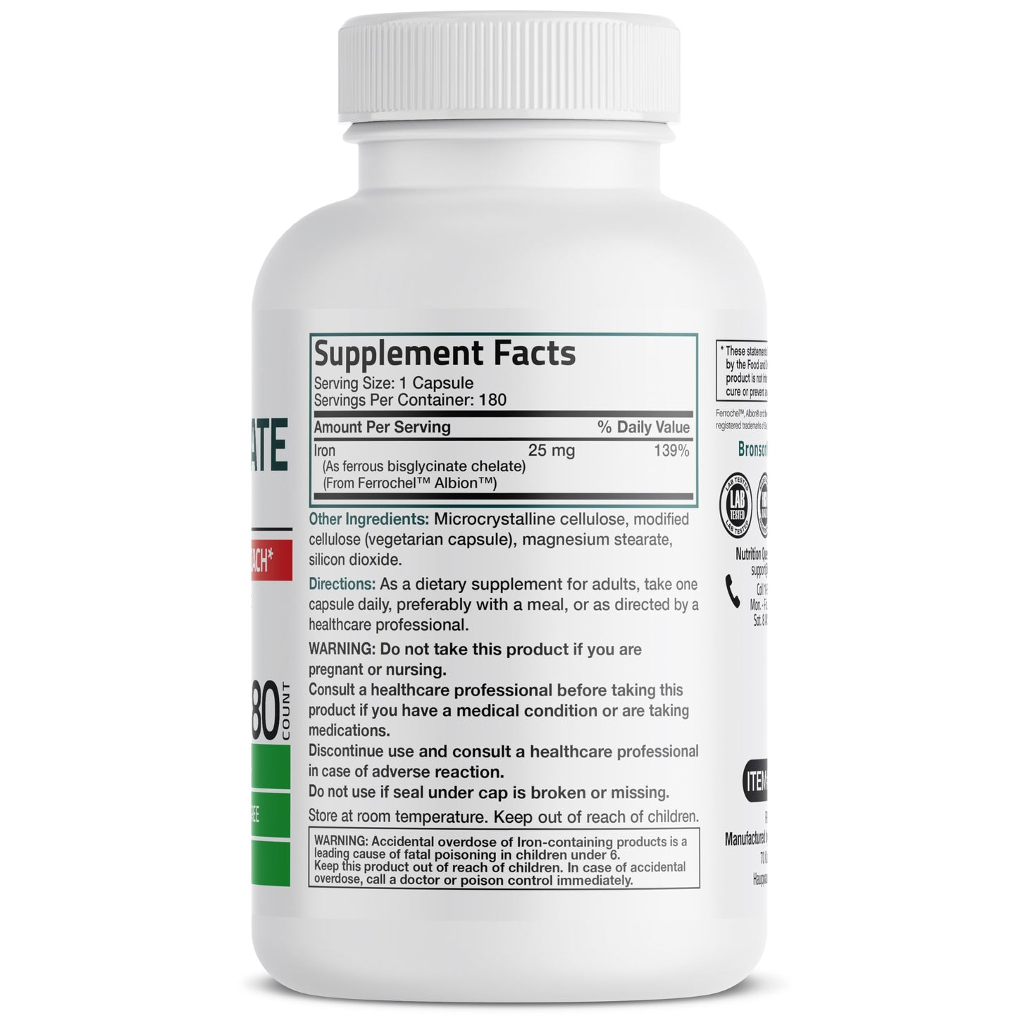 Bronson Iron Bisglycinate 25 mg – Gentle on the Stomach, Non-Constipating • 180 Vegetarian Capsules