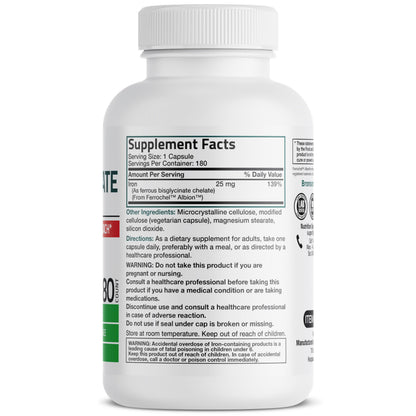 Bronson Iron Bisglycinate 25 mg – Gentle on the Stomach, Non-Constipating • 180 Vegetarian Capsules