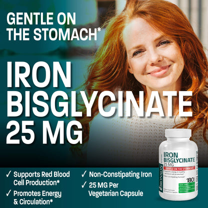 Bronson Iron Bisglycinate 25 mg – Gentle on the Stomach, Non-Constipating • 180 Vegetarian Capsules