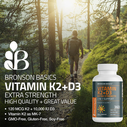 Bronson Vitamin K2 (MK-7) with D3 Extra Strength 2-in-1 – 10,000 IU D3 & 120 mcg K2 MK-7 | 200 Tablets