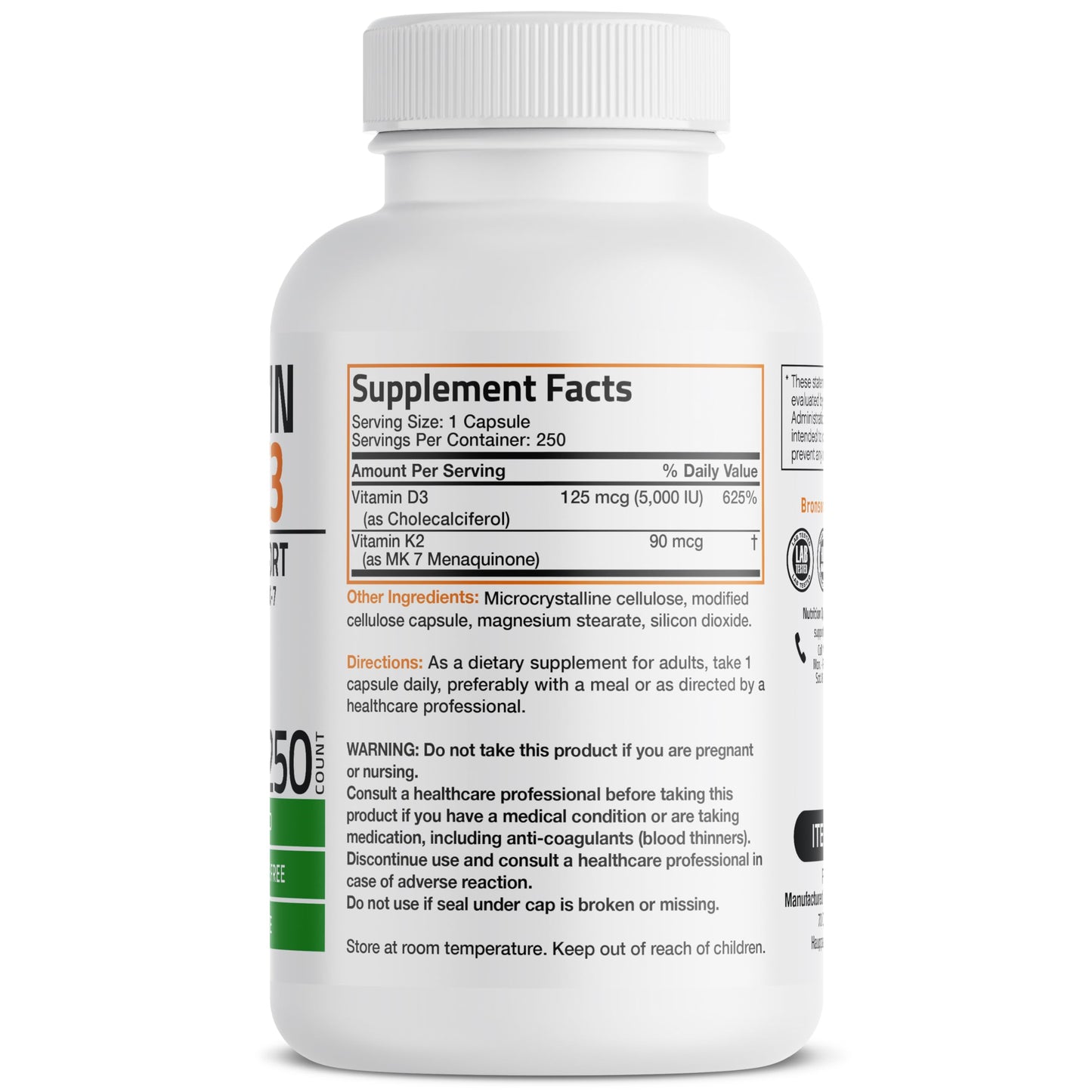Bronson Vitamin K2 (MK7) with D3 – Non-GMO, 5000 IU D3, 90 mcg K2 MK-7, 250 Capsules