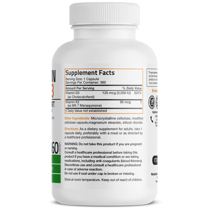 Bronson Vitamin K2 MK-7 with D3 – Non-GMO, 360 Capsules, 5000 IU D3