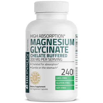 Bronson Magnesium Glycinate 200 mg – Chelated for High Absorption, Non-GMO, 240 Vegetarian Capsules