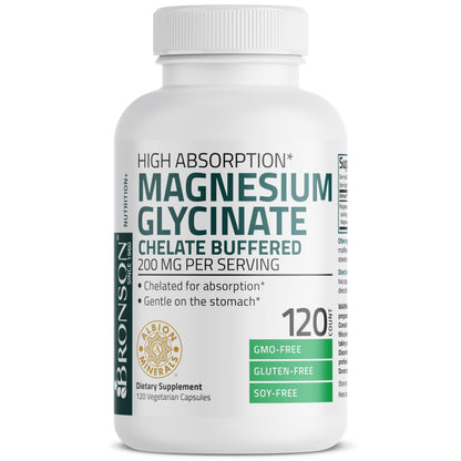 Bronson Magnesium Glycinate 200 mg – Chelated for High Absorption, Gentle on Stomach | Non-GMO, 120 Vegetarian Capsules