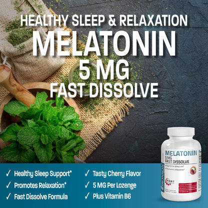 Bronson Melatonin 5mg Fast Dissolve Cherry – 360 Vegetarian Lozenges with Vitamin B6 | Nighttime Sleep Aid