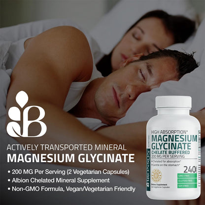 Bronson Magnesium Glycinate 200 mg – Chelated for High Absorption, Gentle on Stomach | Non-GMO, 360 Vegetarian Capsules