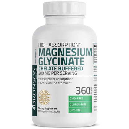 Bronson Magnesium Glycinate 200 mg – Chelated for High Absorption, Gentle on Stomach | Non-GMO, 360 Vegetarian Capsules