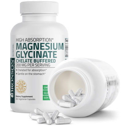 Bronson Magnesium Glycinate 200 mg – Chelated for High Absorption, Gentle on Stomach | Non-GMO, 360 Vegetarian Capsules