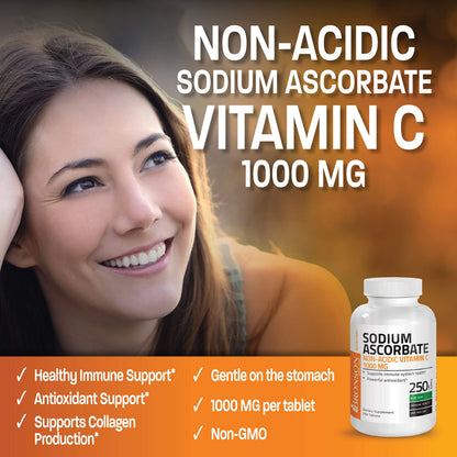 Bronson Sodium Ascorbate 1000 mg Vitamin C Tablets - Gentle on Stomach (250 ct)