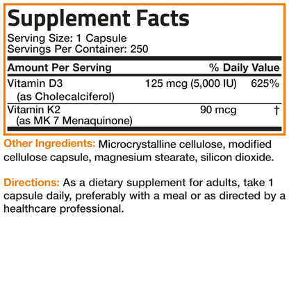 Bronson Vitamin K2 (MK7) with D3 – Non-GMO, 5000 IU D3, 90 mcg K2 MK-7, 250 Capsules
